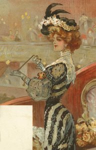 Mujer elegante en el teatro (litografía en color) de European School