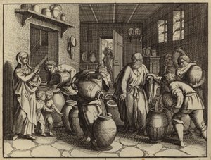 Eliseo multiplicando el aceite para aliviar las deudas de la viuda del profeta (grabado) de European School