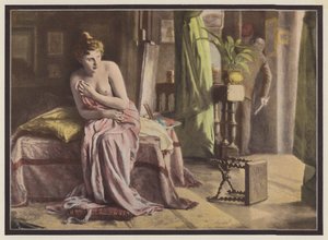 Emoción, mujer sentada en una cama (litografia en color) de European School