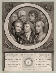 Realeza europea de principios del siglo XIX: El Zar Alejandro I de Rusia; Jorge, Príncipe de Gales, Regente del Rey Jorge III; Francisco II, Emperador del Sacro Imperio Romano Germánico; el Gran Duque Konstantin Pavlovich de Rusia; Maximiliano José, Rey de de European School