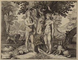 Eva tentada por la serpiente a comer del fruto del Árbol del Conocimiento (grabado) de European School