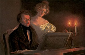Franz Schubert al piano (litografía en color) de European School