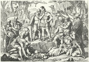 Germanicus enterró los huesos de los soldados de las tres legiones romanas comandadas por Publius Quinctilius Varus destruidas por los alemanes en la batalla del bosque de Teutoburg en el 9 a. C. (grabado) de European School