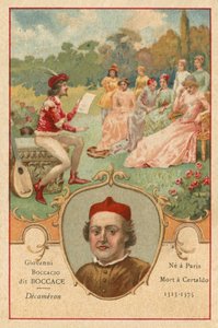 Giovanni Boccaccio, escritor y poeta italiano, y una escena de El Decamerón