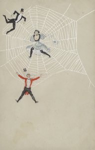 Chica atrapando hombres en una tela de araña (litografía en color) de European School