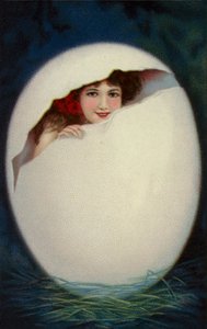 Niña saliendo del huevo de Pascua (cromolito) de European School