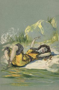 Chica tumbada en una playa o a orillas de un río (litografía en color) de European School