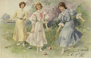 Niñas jugando al croquet (cromolito)