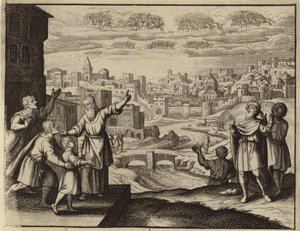 Caballería vestida de oro en el aire sobre Jerusalén (grabado) de European School