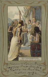 Gotterdammerung, Siegfried recibe a Brunilda y Gunther (litografía en color) de European School