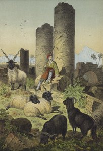 Pastor griego con ovejas valacas y cabras sirias (litografía en color) de European School