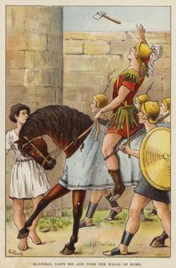 Aníbal arrojando su hacha sobre los muros de Roma (chromolitho) de European School