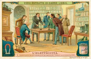 Hans Christian Oersted mostrando a sus amigos la desviación de la aguja magnética bajo la influencia de una corriente eléctrica, 1820 de European School