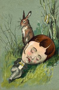 Liebre sentada junto a un hombre dormido en el campo (cromolito) de European School