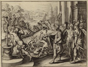 Ezequías, Rey de Judá, restaurando el Templo de Jerusalén y destruyendo los ídolos (grabado) de European School