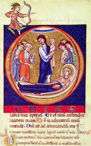 Inicial historiada que representa la muerte de la Virgen, de un manuscrito desconocido, siglo XII-XIII de European School