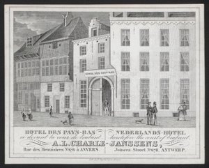 Hotel Des Pays Bas, Nederlands Hotel, A L Charle-Janssens, Anvers, Amberes (grabado)