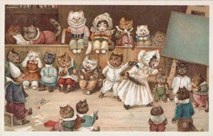 Postal humorística de gatos (litografía en color) de European School