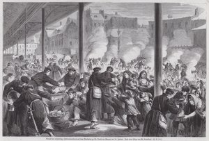 Parisienses hambrientos pidiendo comida a los soldados alemanes acampados en la plaza del mercado de St Denis después del fin del Sitio de París, Guerra Franco-Prusiana de European School