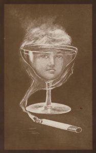 Imagen de la cara de una mujer, creada por una copa de vino y el humo de un cigarrillo, c1917 (litografía) de European School