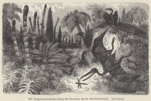 Paisaje imaginario durante la Época Secundaria, con Pterodáctilos, Período Lias de European School