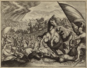 Israelitas derrotando al ejército amorreo después de que Josué ordenó al Sol y a la Luna que se detuvieran (grabado)