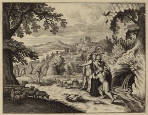 Jacob haciendo rodar la piedra de la boca del pozo para dar de beber a las ovejas de Labán (grabado)