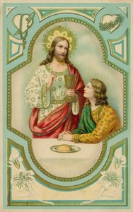Jesucristo bendiciendo a un hombre que comulga (cromolito) de European School