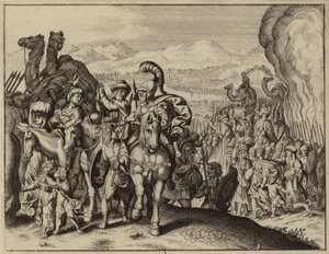 Josué y los israelitas cruzando el río Jordán y entrando en Canaán (grabado) de European School