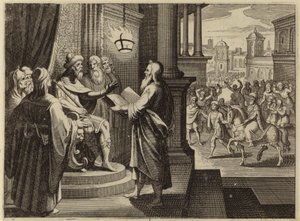 El rey Asuero ordena que le traigan y le lean el libro que relata su reinado (grabado) de European School