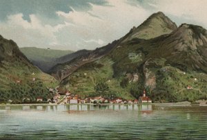 Lago de Lucerna: Gersau (litografía en color) de European School