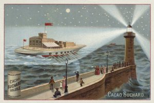Gran barco impulsado por remos iluminado por un faro
