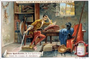 Cromolitografía Liebig: Serie "Don Quijote", nº 1: Don Quijote leyendo las novelas de caballería. de European School