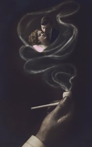 Amantes abrazados entre el humo de una pipa (litografía en color)