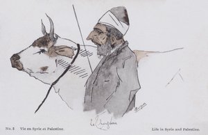 El hombre y el ganado, la vida en Siria y Palestina (litografía en color) de European School