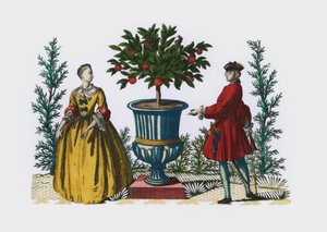 Hombre y mujer con vestimenta del siglo XVIII en un jardín (grabado coloreado) de European School