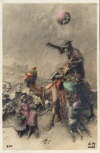 Hombre en camello llevando regalos a los niños en Navidad. (litografía en color) de European School