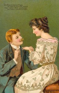 Hombre proponiendo matrimonio a una joven, a punto de colocar un anillo en su dedo (litografía en color) de European School