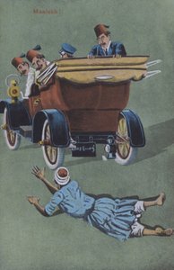 Hombre atropellado por un coche con chófer (litografía en color) de European School