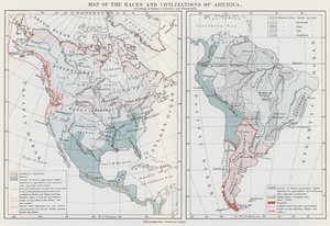 Mapa de las razas y civilizaciones de América (litografía en color) de European School
