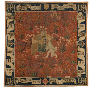 Tapiz Mille fleurs con verdura, escudo de armas y hombre salvaje, c.1500 (lana)