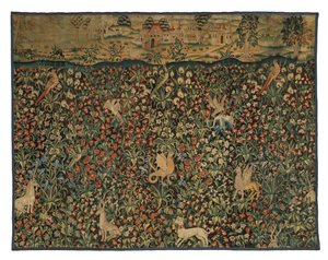 Fragmento de tapiz Mille fleurs con animales, pájaros y paisaje, c.1500 (lana) de European School
