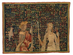 Fragmento de tapiz Mille fleurs con pastor y pastora o dama y joven (lana y seda) de European School