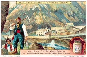 Mineros y edificios de la mina en las minas de oro de Monte Rosa, Italia de European School