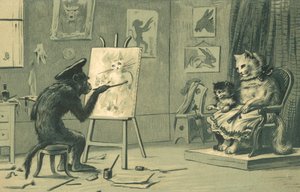 Mono pintando el retrato de un gato y un gatito (litografía)