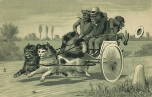 Monos conduciendo un carruaje tirado por dos gatos (litografía) de European School