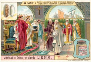 Monjes llevando los primeros capullos de seda al Emperador Justiniano en Constantinopla de European School
