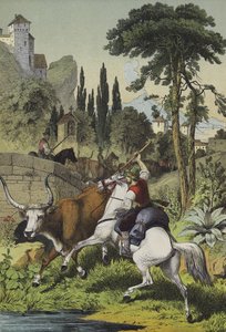 Pastores montados en Italia persiguiendo un toro de las estepas en un paisaje con castaños silvestres, pinos de racimo y álamos italianos de European School