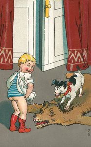 Niño travieso orinando sobre una alfombra de piel de oso (litografía en color) de European School