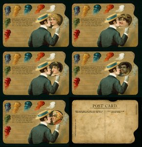 Novedosa tarjeta postal que muestra a un hombre besando a cinco chicas diferentes (litografía en color) de European School